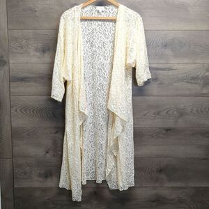 LuLaRoe Ivory Lace Short Sleeve Open Front Long Cardigan Size Large